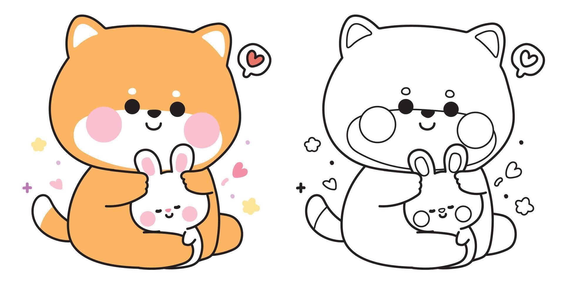 Coloring pages.Cute shiba inu dog doll hug tiny rabbit.Friend.Love.Japanese pet and rodent animal character cartoon design.Painting book.Kawaii.Illustration. vector