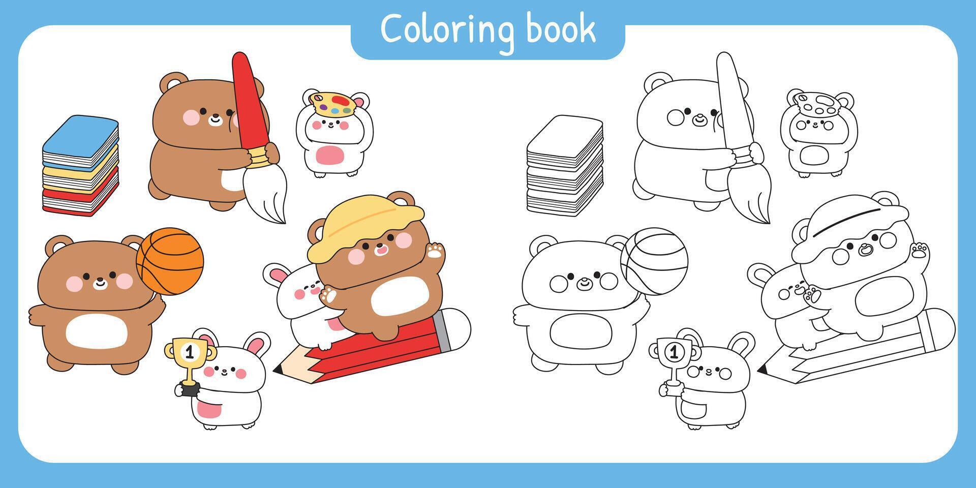 Coloring pages.Set of cute teddy bear and rabbit in back to school concept.Student and teacher.Basketball,brush,pencil,trophy.Study learn.Wild and rodent animal character cartoon.Kawaii. vector