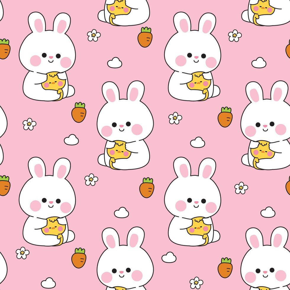 Cute bunny pattern with carrots and clouds vector