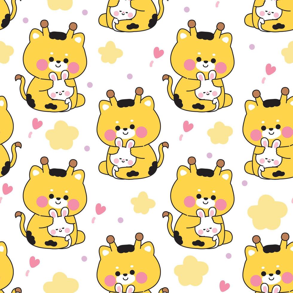 Seamless pattern of cute giraffe doll hug tiny rabbit bunny with star and heart background.Friend.Love.Wild and rodent animal character cartoon.Kawaii.Illustration. vector