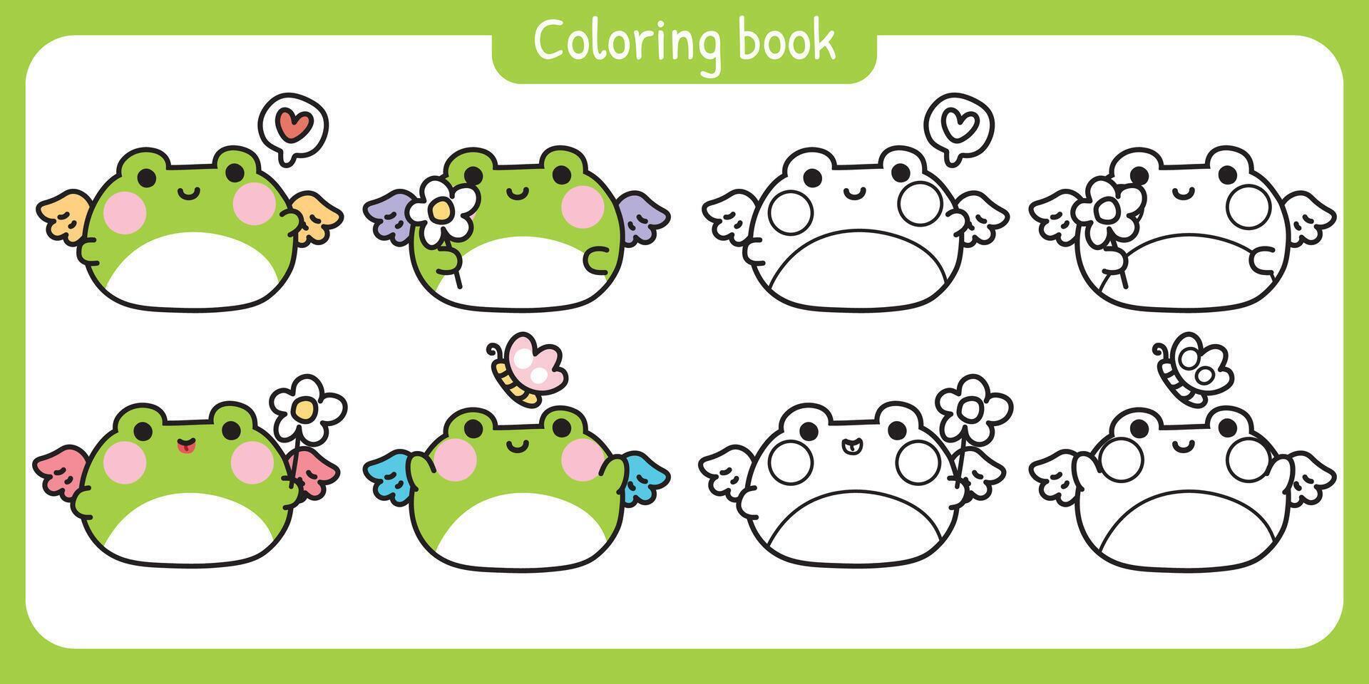 Coloring pages.Cute round shape frog have wing fly with heart flower and butterfly.Angle.Reptile animal character cartoon.Painting book.Kawaii.Illustration. vector