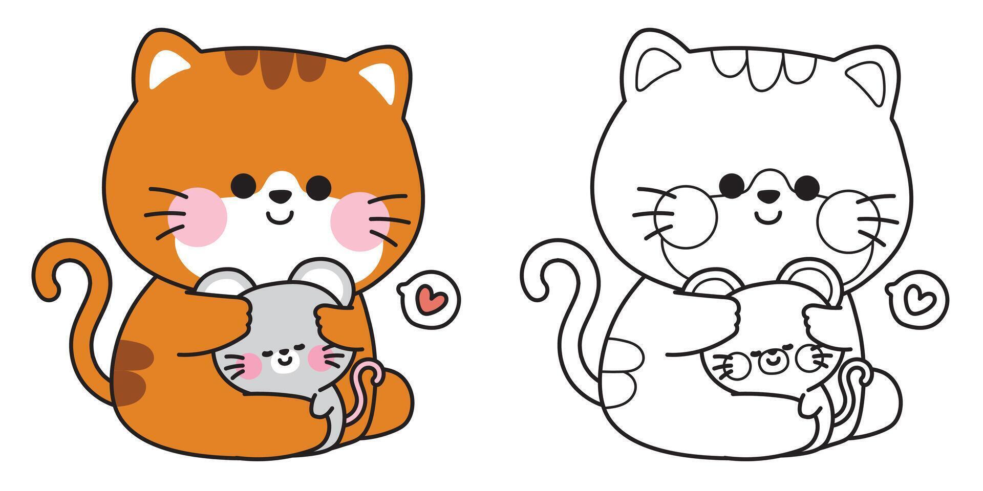 Coloring pages.Cute cat doll hug tiny rat with heart.Meow.Kitten and mouse.Friend.Love.Pet and rodent animal character cartoon.Painting book.Kawaii.Illustration. vector