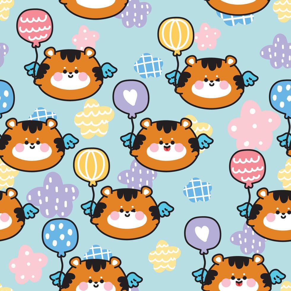 Seamless pattern of cute round shape tiger have wing fly with balloon sky star pastel background.Angle.Wild animal character cartoon.Kawaii.Illustration. vector