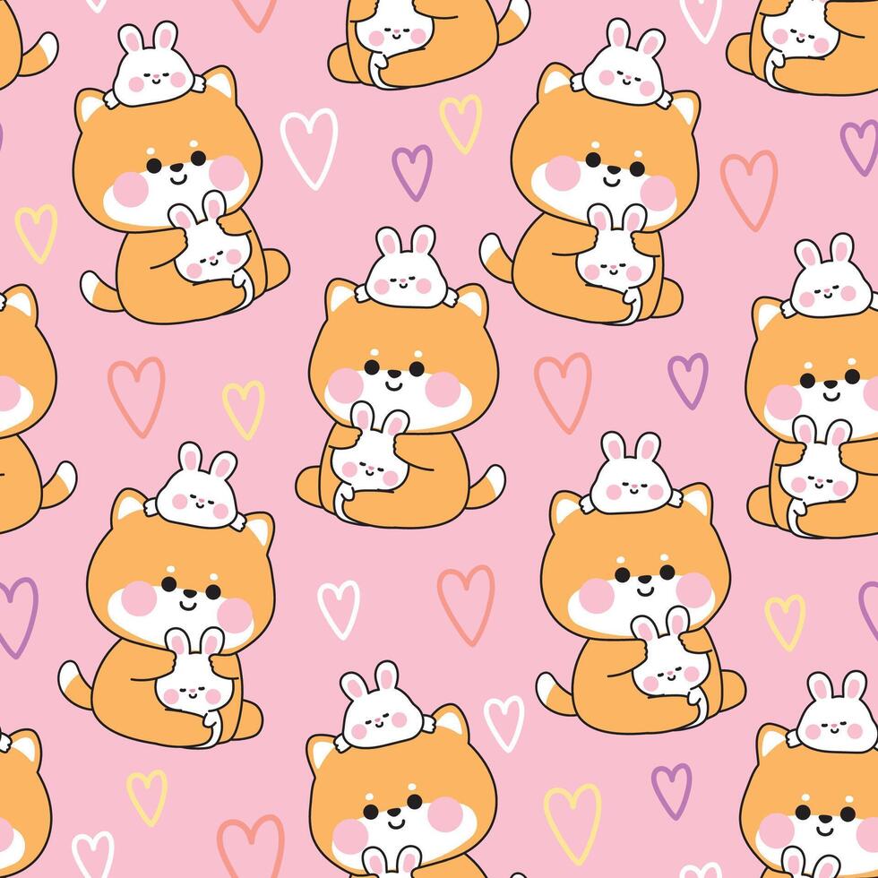 Seamless pattern of cute shiba inu dog doll hug tiny rabbit with heart background.Friend.Love.Japanese pet and rodent animal character cartoon design.Kawaii.Illustration. vector