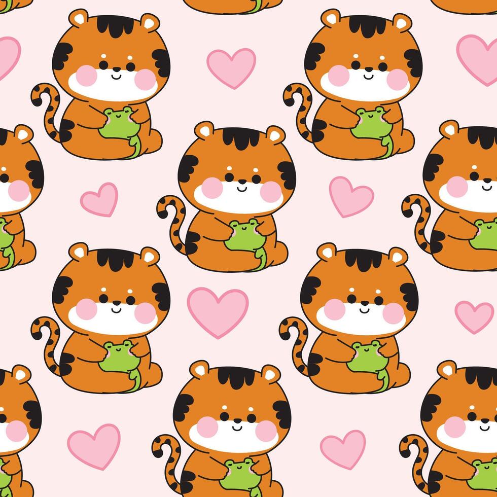 Seamless pattern of cute tiger doll hug tiny frog with heart pastel background.Friend.Love.Reptile and wild animal character cartoon design.Painting book.Kawaii.Illustration. vector