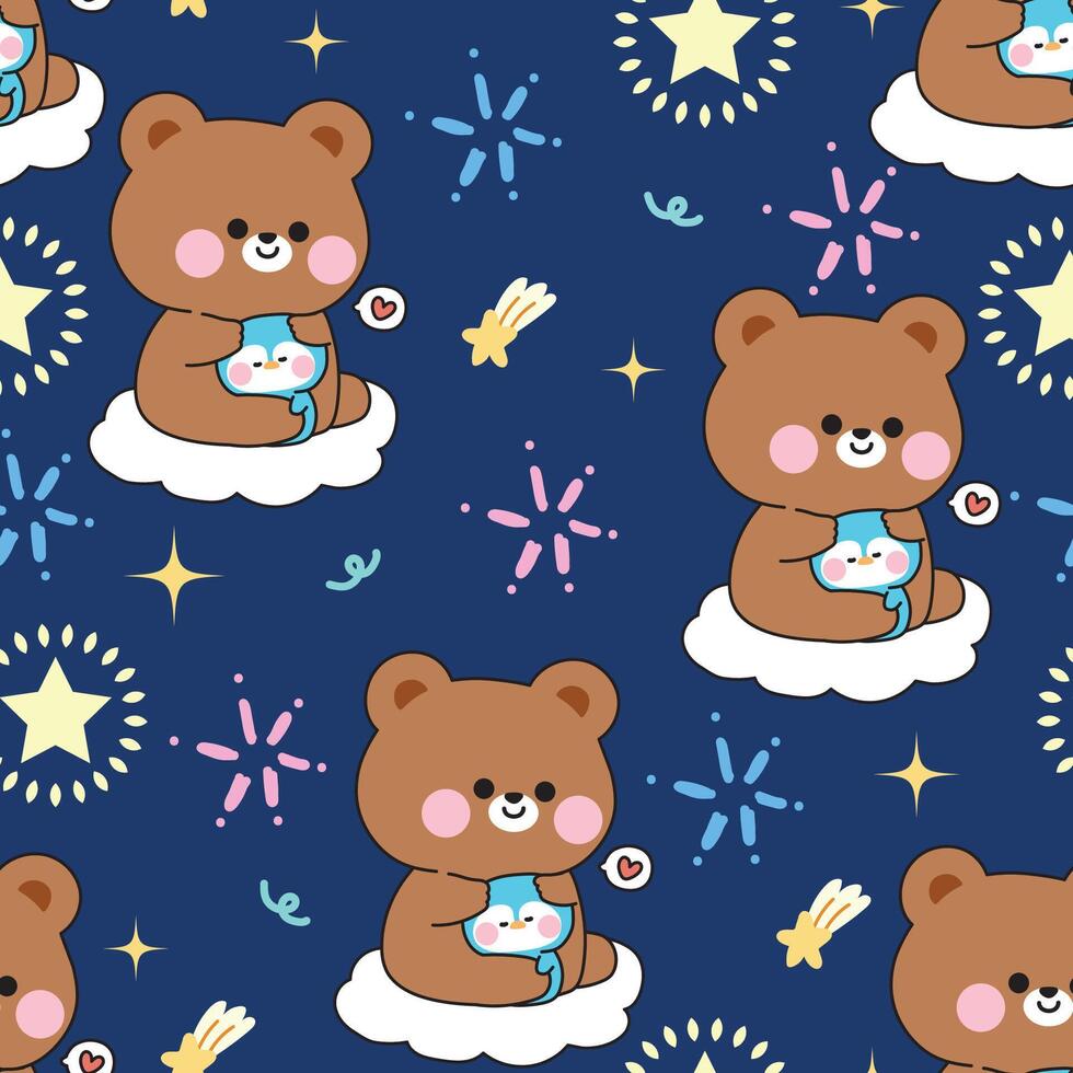 Seamless pattern of cute teddy bear doll hug tiny penguin with heart sit on cloud night sky firework background.Friend.Love.Wild and polar bird animal character cartoon design.Painting book.Kawaii. vector
