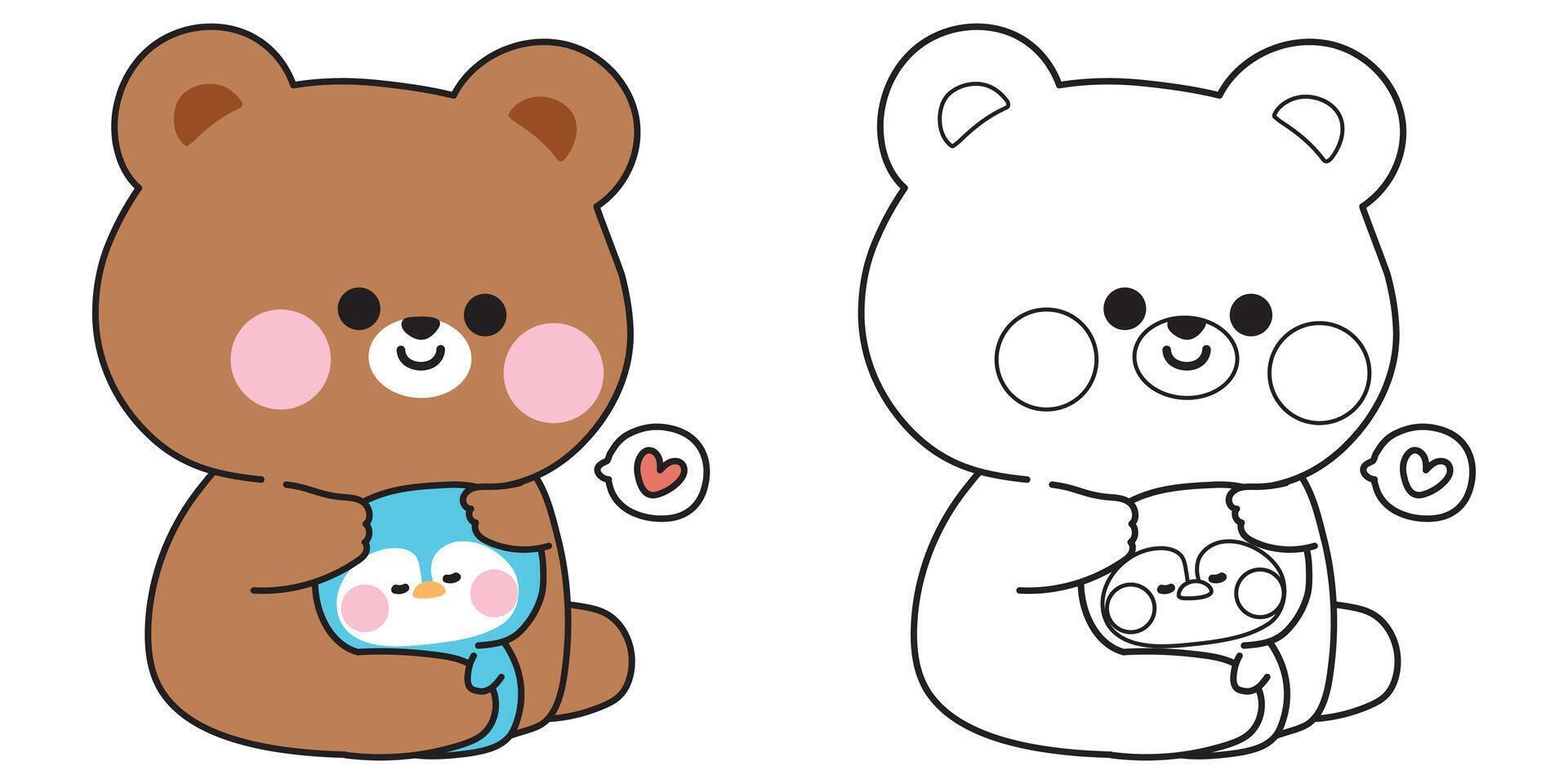 Coloring pages.Cute teddy bear doll hug tiny penguin with heart.Friend.Love.Wild and polar bird animal character cartoon design.Painting book.Kawaii.Illustration. vector