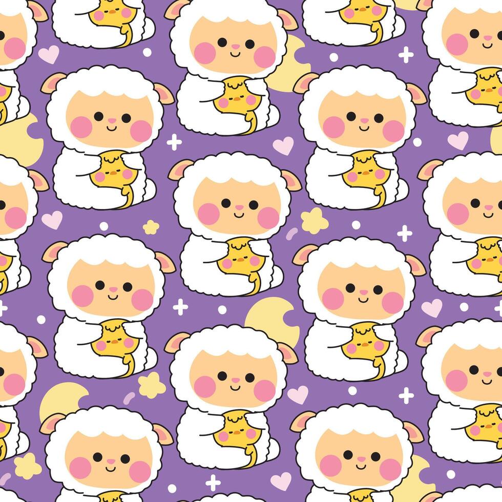 Seamless pattern of cute sheep doll hug tiny chicken with heart and star background.Friend.Love.Farm and bird animal character cartoon design.Painting book.Kawaii.Illustration. vector