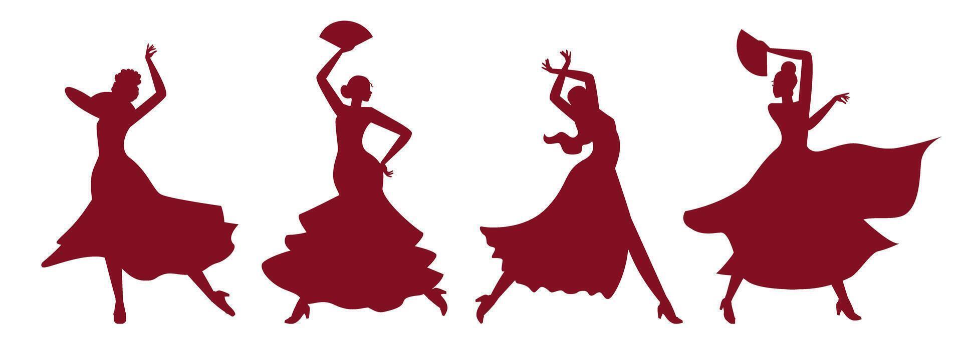 Four silhouettes of women in dresses with fans dancing flamenco. The dynamic pose of the passionate Spanish dance. Flat modern illustration. vector