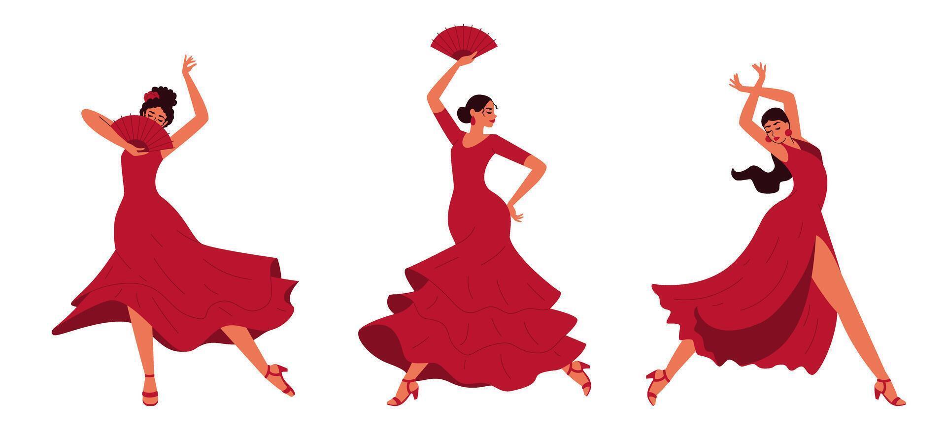 Three flamenco dancers in red dresses vector