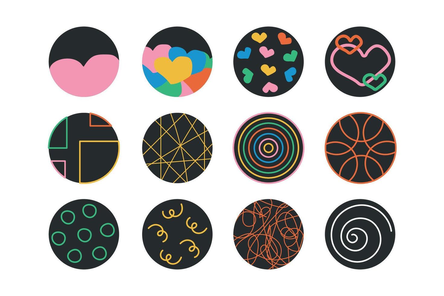 Collection of colorful circles with various abstract designs. Round icon set with hearts, circles, lines and spiral. vector