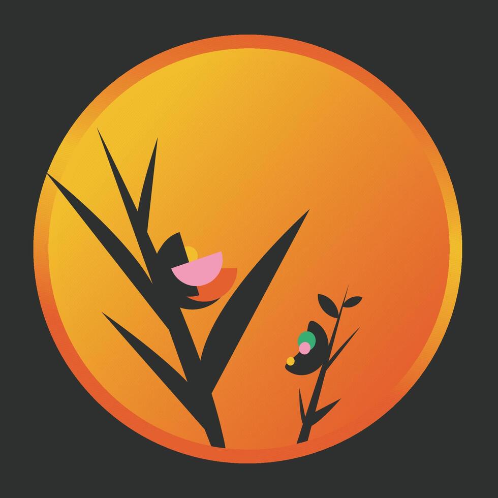 Black flowers in round frame. vector