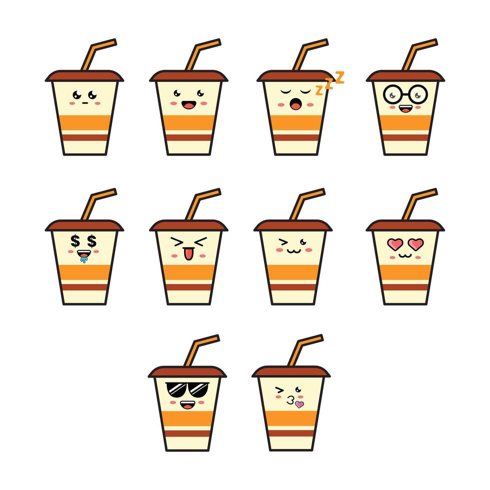 Cute flat design glass cup with different facial expressions, emotions. Set, collection of emoji isolated on white background. vector