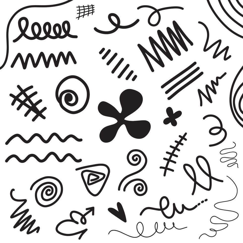 Set of black hand drawn anime manga doodle grunge line elements curved charcoal, chalk arrows, abstract shapes, graphic effects for character emotion. Scribble stroke symbols. vector