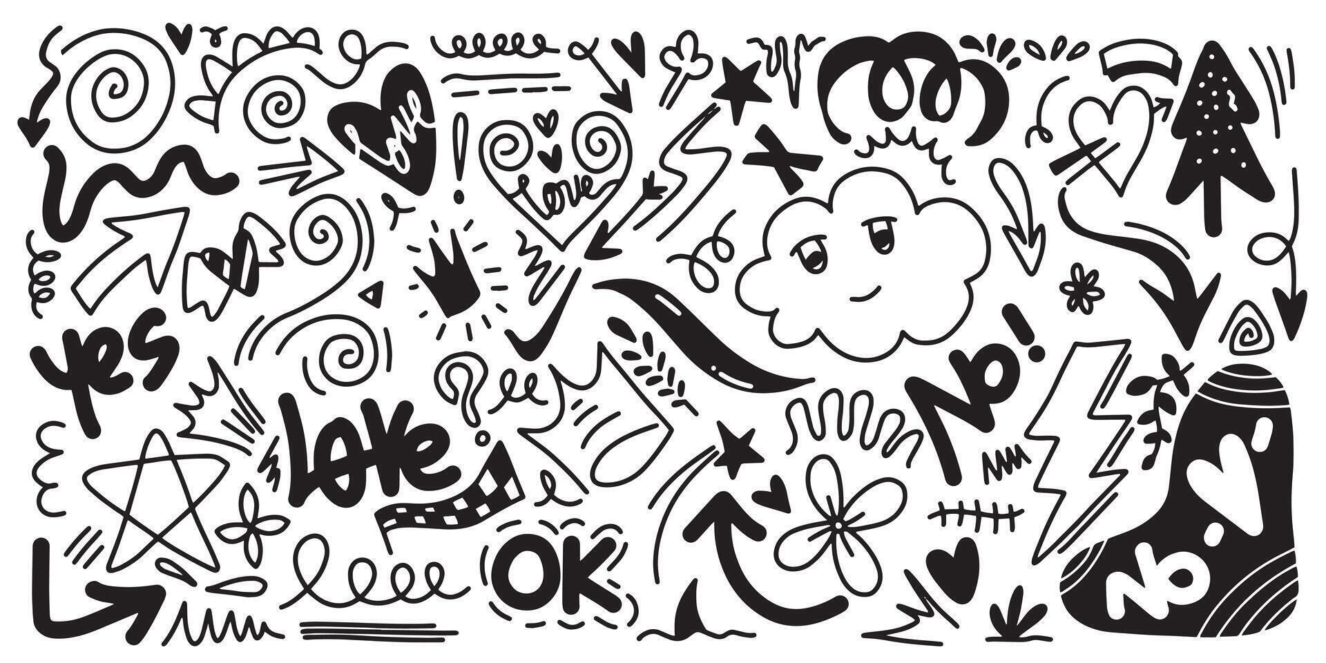 Cute kid scribble doodle icons set. Hand drawn childish funny simple doodle illustrations. Flower, heart, star, crown, cloud. vector