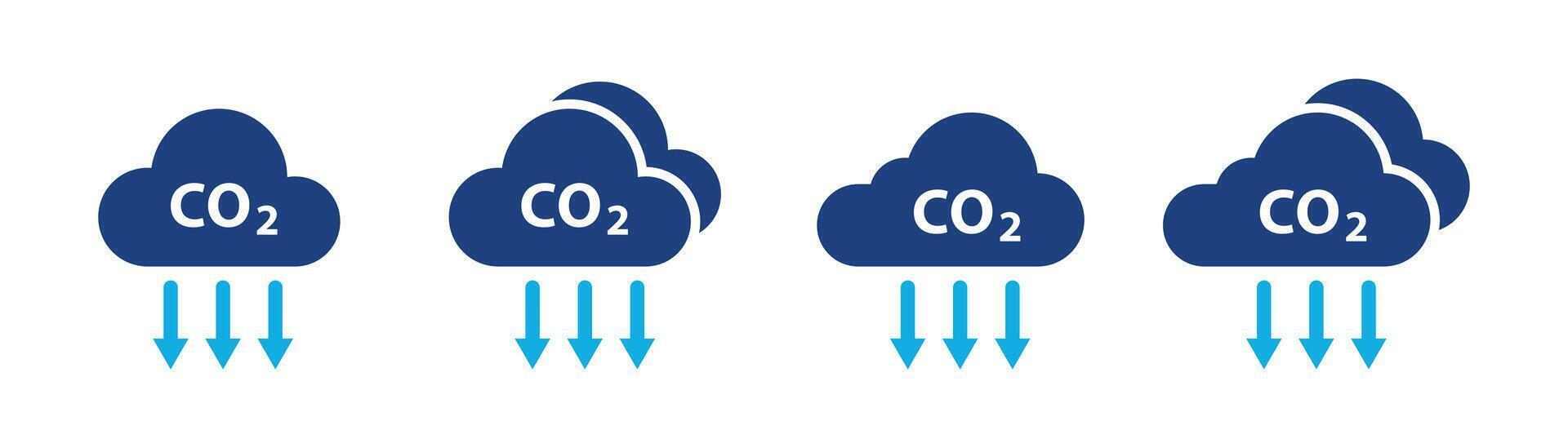Cloud co2 symbol with down arrow icon set. Carbon dioxide emission reduction cloud sign. illustration vector