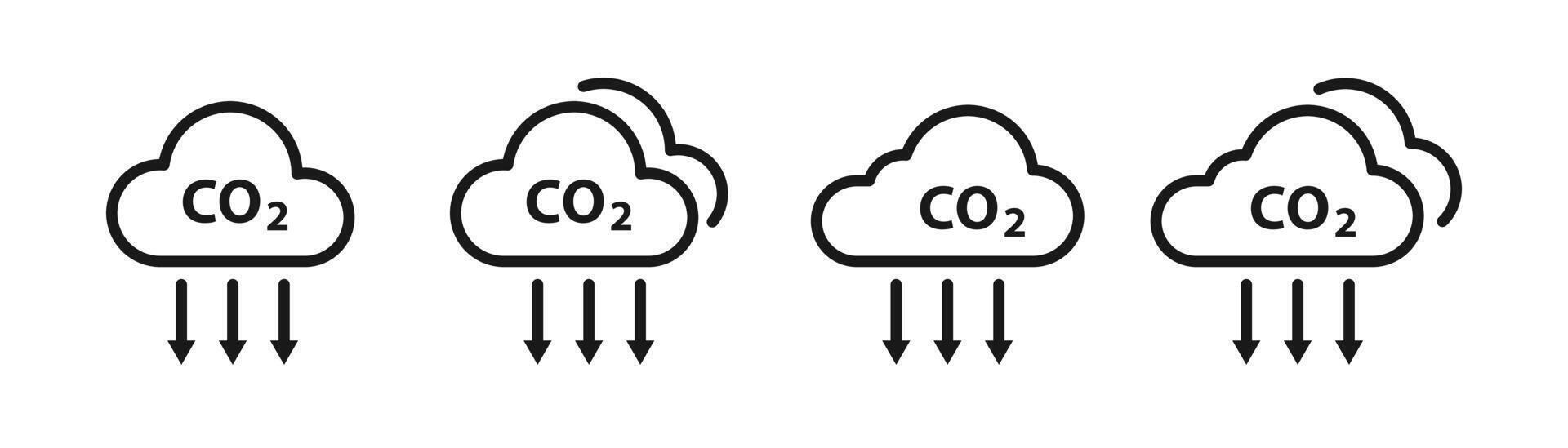 Reduce co2 gas icon set. Carbon dioxide emission reduction cloud sign. Editable line width illustration vector