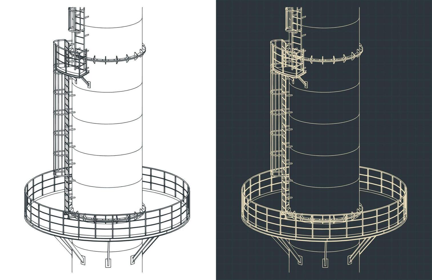 Industrial chimney metal structure, platform and service ladder close up isometric drawings vector