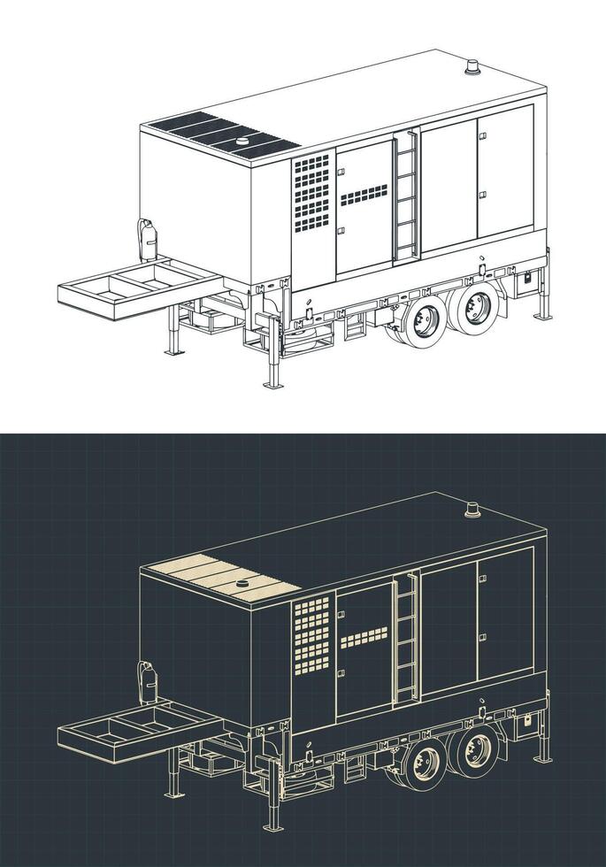 Diesel generator trailer isometric drawings stylized illustrations vector