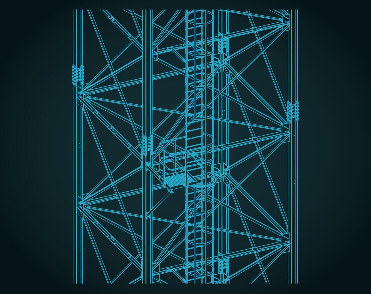 Self-supporting tower close-up isometric blueprint vector