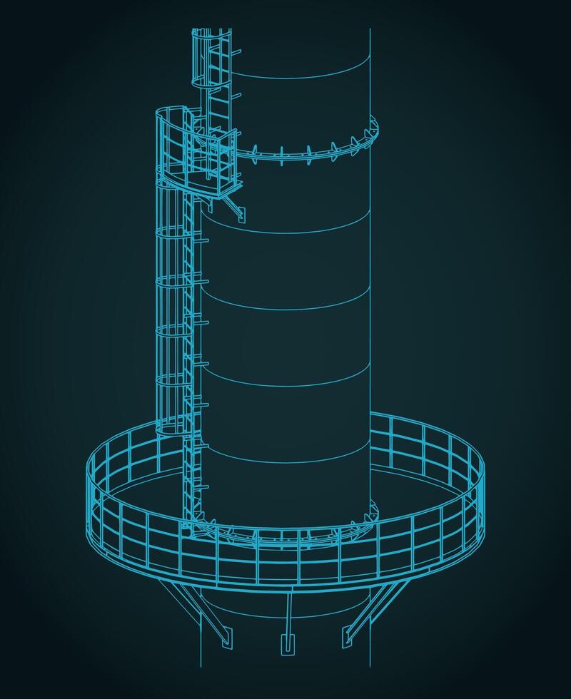 Industrial chimney metal structure and service ladder close-up isometric blueprint vector