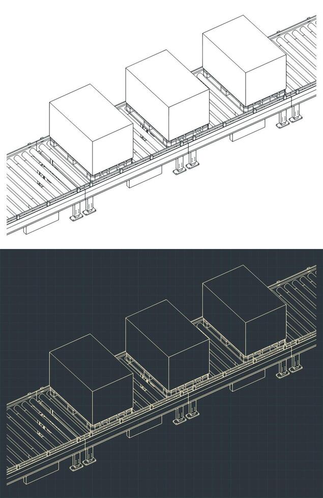 Conveyor line with boxes on pallets isometric drawings vector