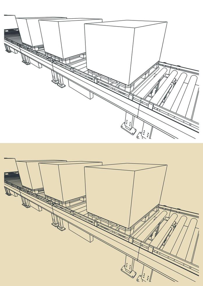 Conveyor line with boxes on pallets close up sketches vector