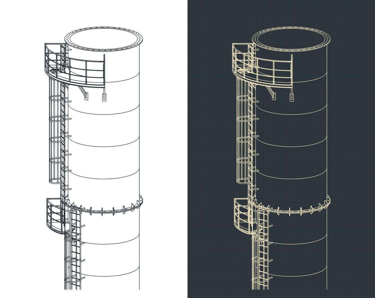 Industrial chimney metal structure and service ladder close up isometric drawings vector