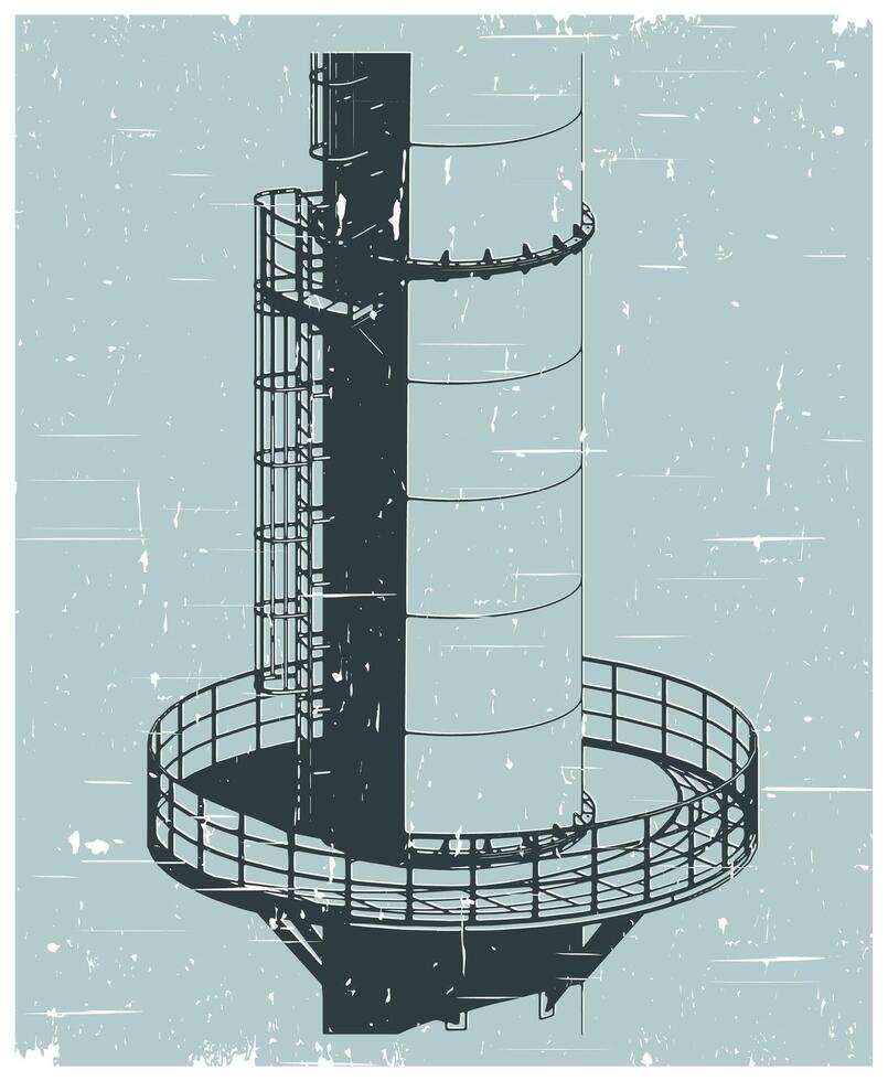 Industrial chimney part metal structure, platform and service ladder close up retro poster vector