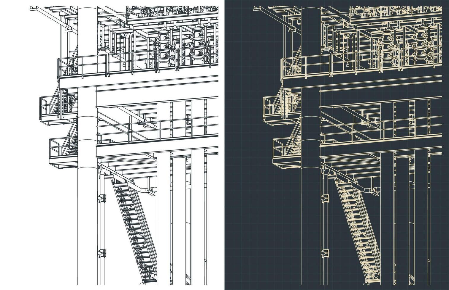 Metal structures offshore platform isometric drawings close-up vector