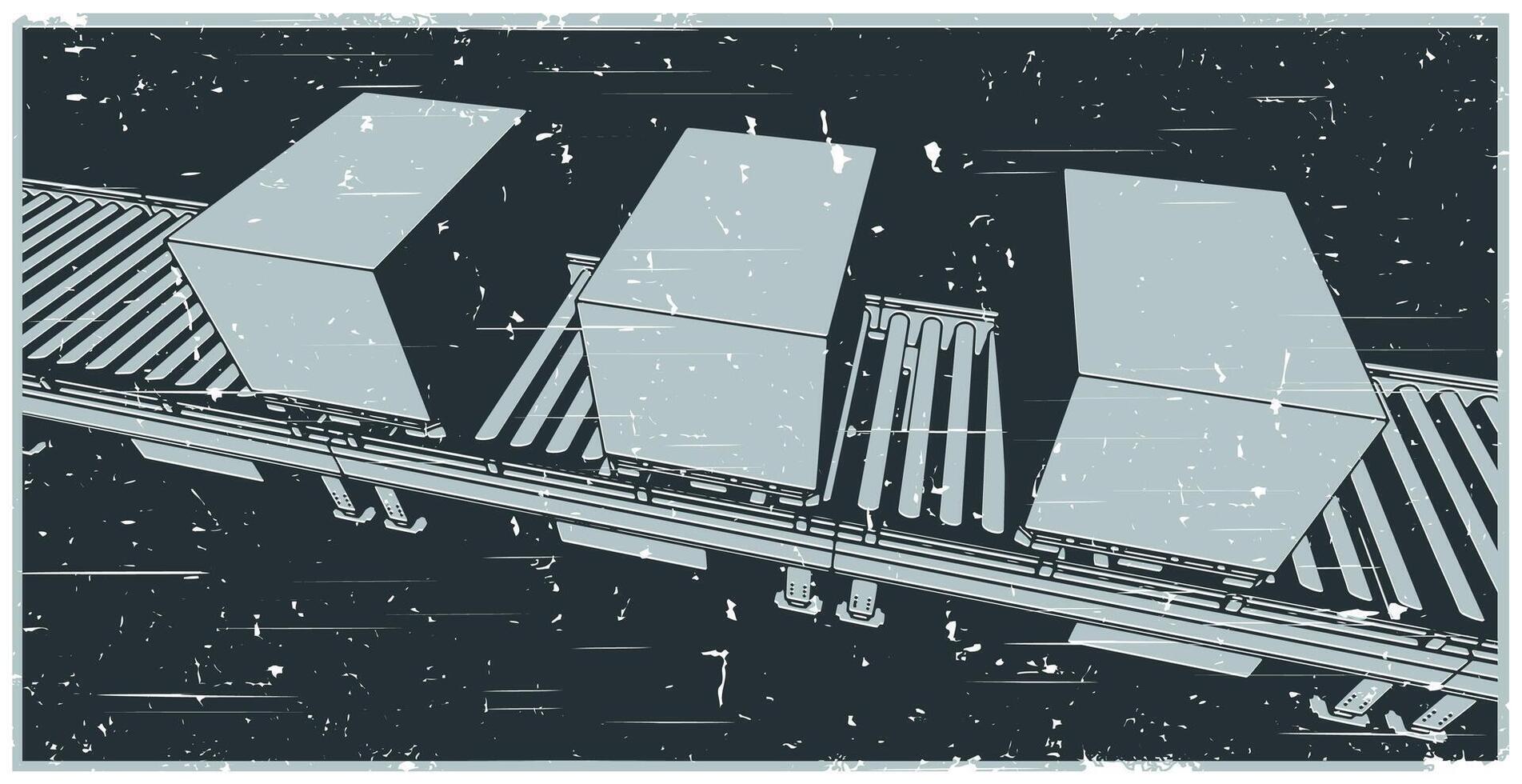 Conveyor line with boxes on pallets close up retro poster illustration vector