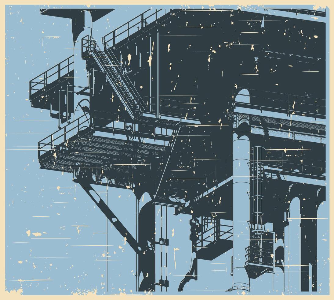 Offshore platform close up retro poster vector