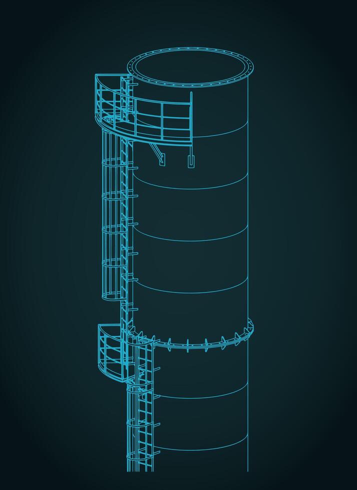 Industrial chimney metal structure and service ladder close up isometric blueprint vector