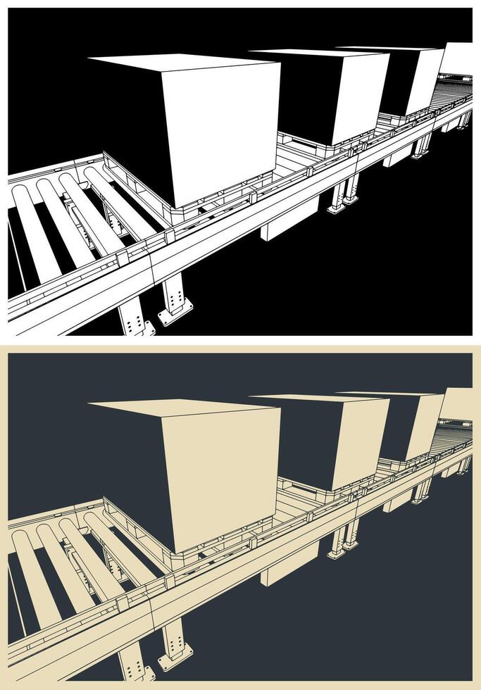 Conveyor line with boxes on pallets close up vector