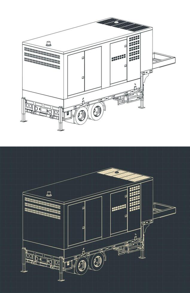 Diesel generator trailer isometric drawings vector
