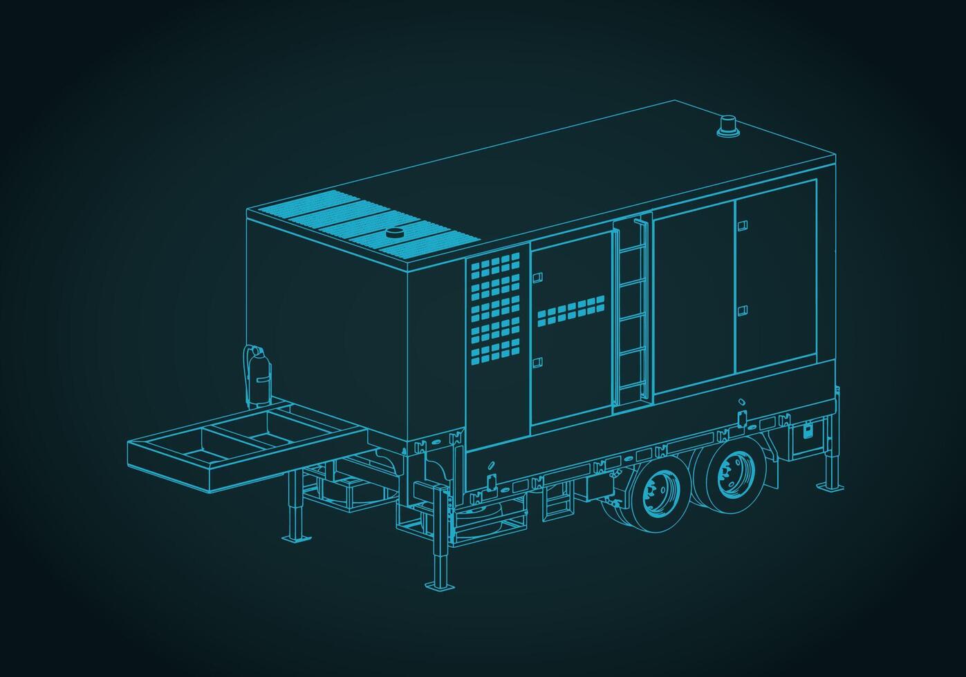 Diesel generator trailer isometric blueprint stylized illustration vector