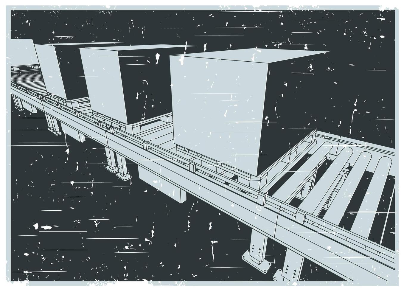 Conveyor line with boxes on pallets close up retro poster vector