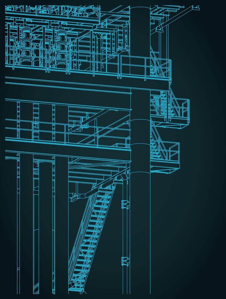 Metal structures offshore platform isometric blueprint close up vector