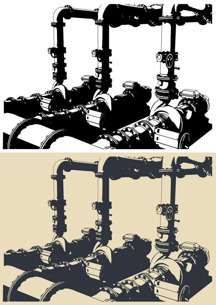 Water pumping station system illustrations vector