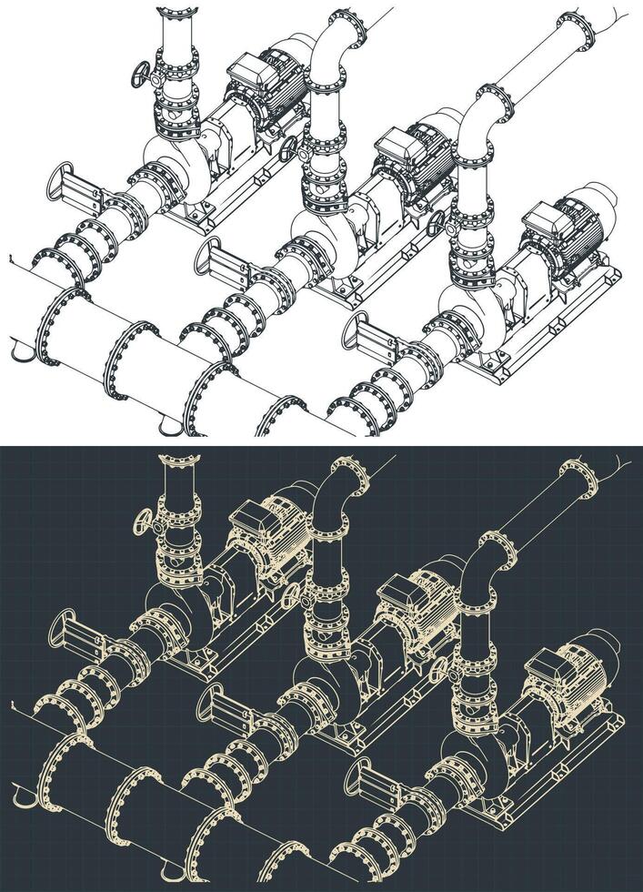 Water pumping station isometric blueprints illustrations vector