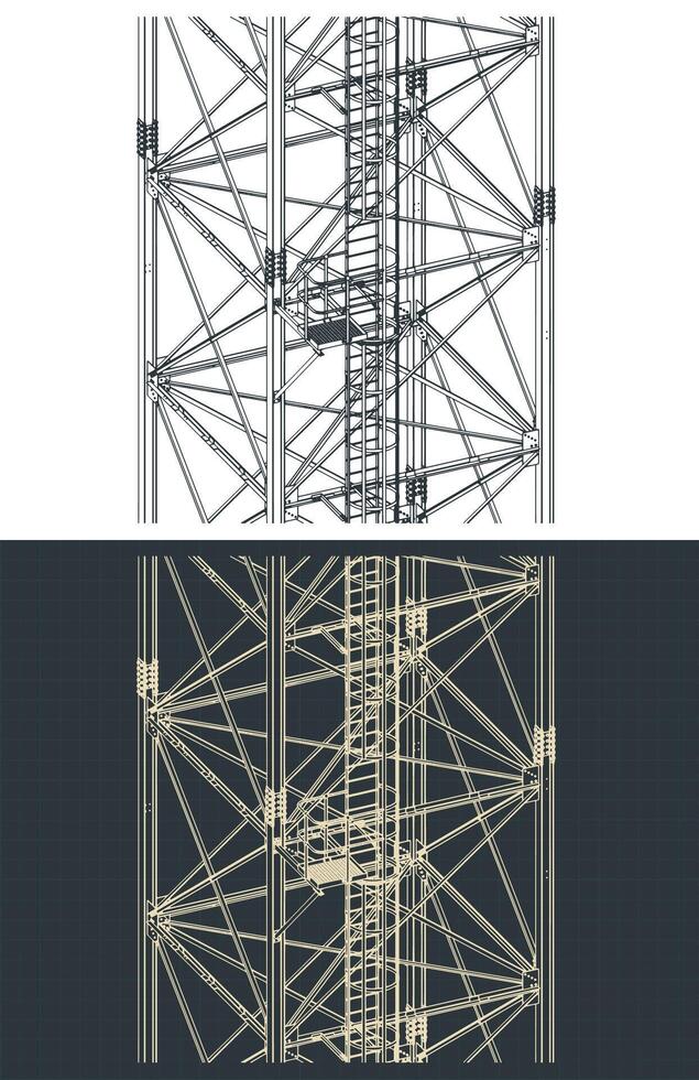 Self-supporting tower close up isometric drawings vector