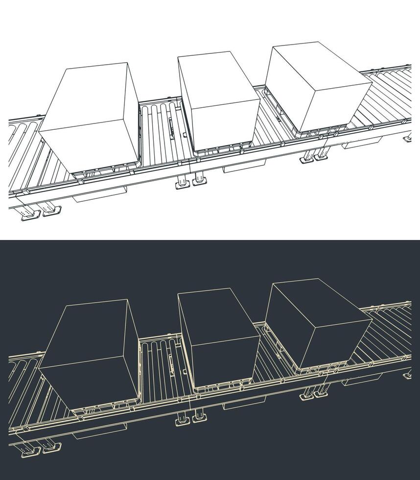 Conveyor line with boxes on pallets sketches vector