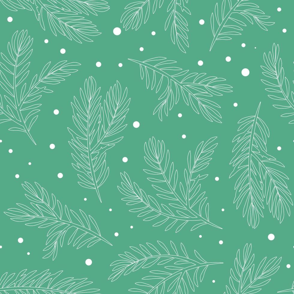 Seamless pattern of fir tree branches in white outline and snow on green-blue background vector