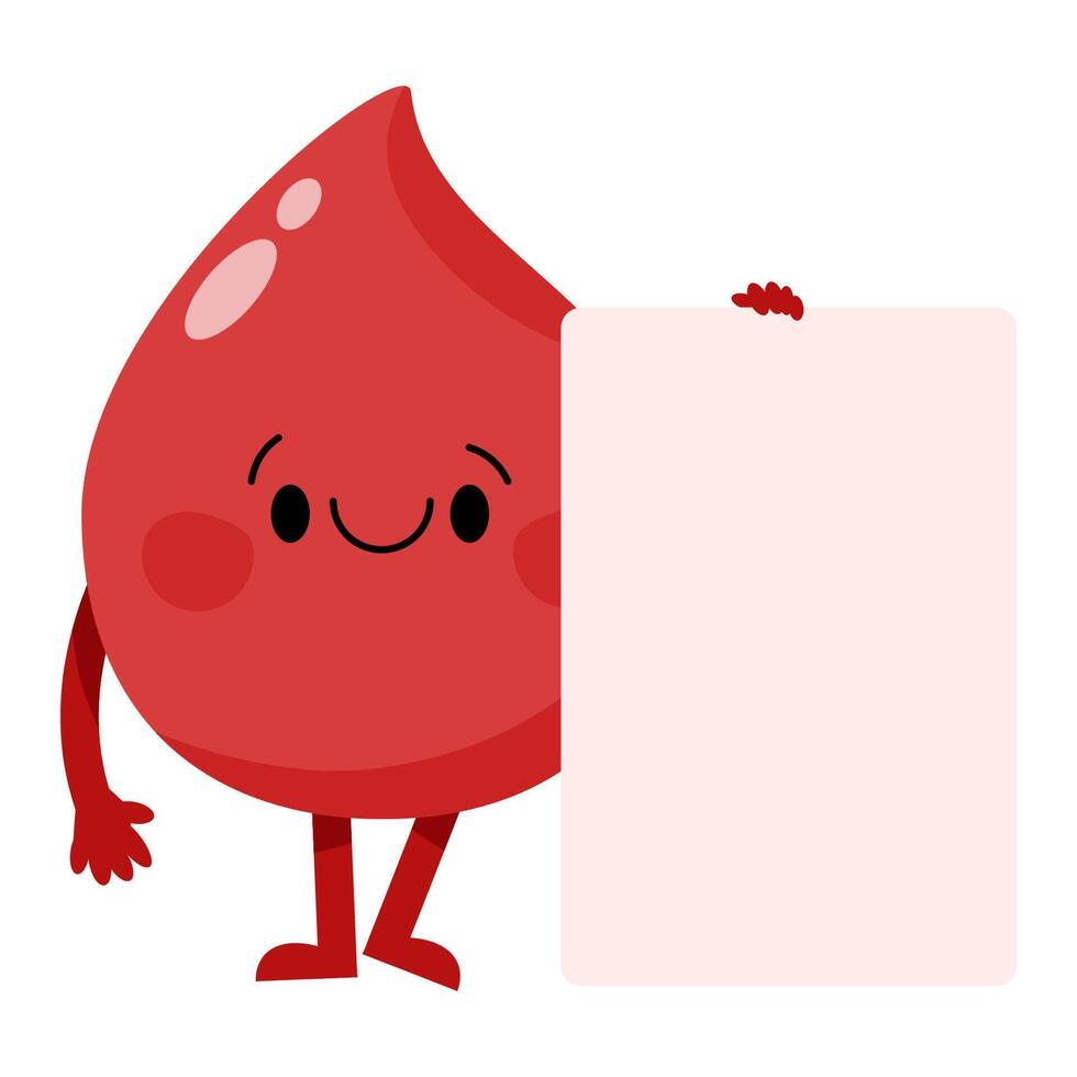 Cute blood drop character holding blank sign on side vector