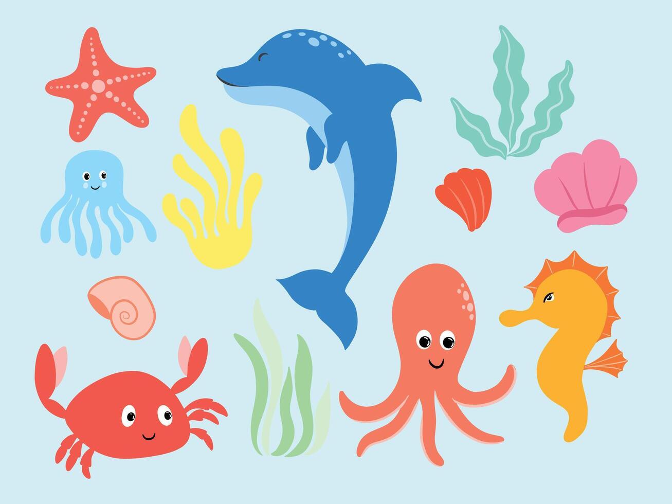 Cute Sea Animals and Ocean Elements Illustration vector