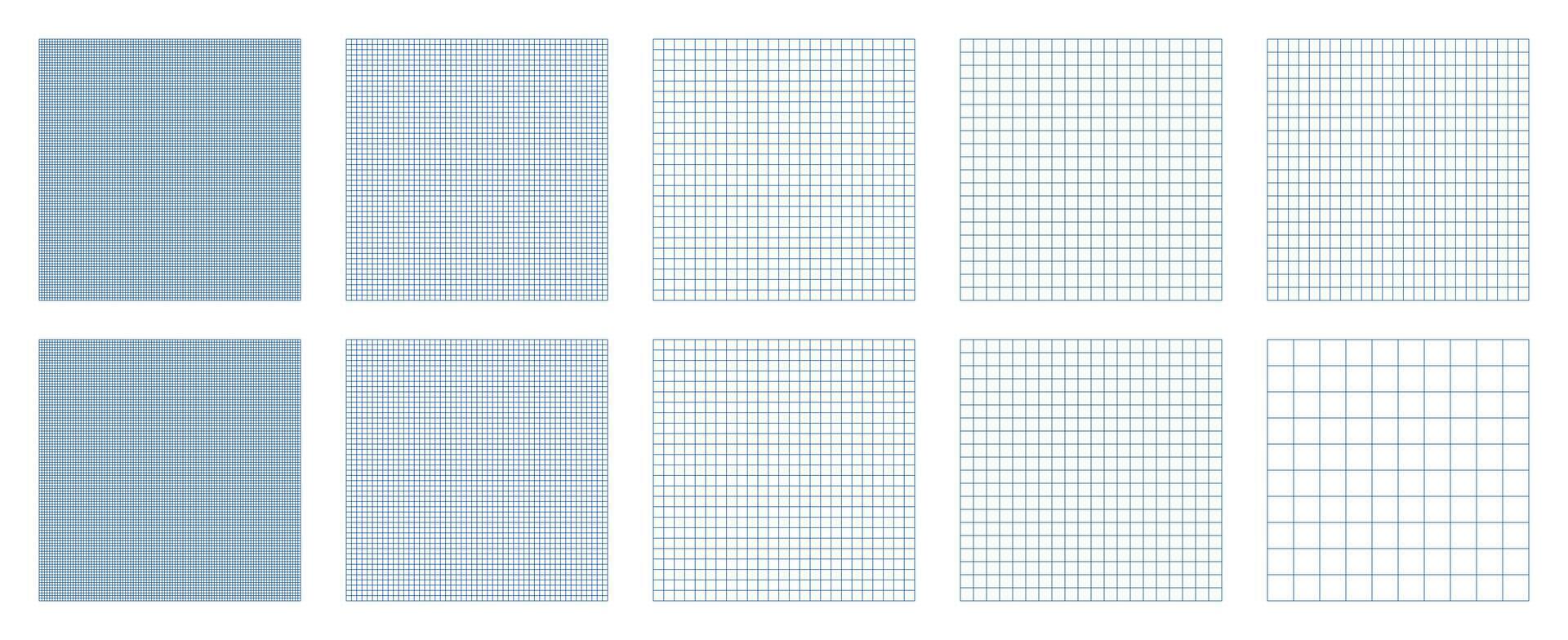 Set of ten different graph paper design seamless patterns with editable strokes on transparent background. Blueprint graph paper collection. vector