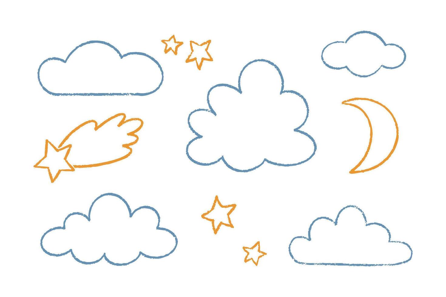 Set of cute childish hand drawn clouds, moon, stars and falling star outline icons with chalk, crayon or pencil texture isolated on white background. vector