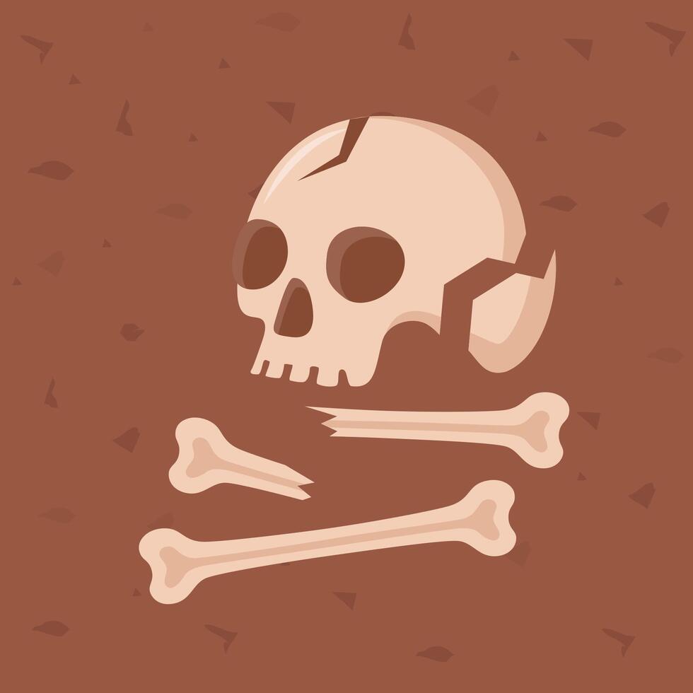 Human skull with bones. Archaeological find. Historical value. Image for books, articles, posters, archeology, history of past, excavations presentations. vector