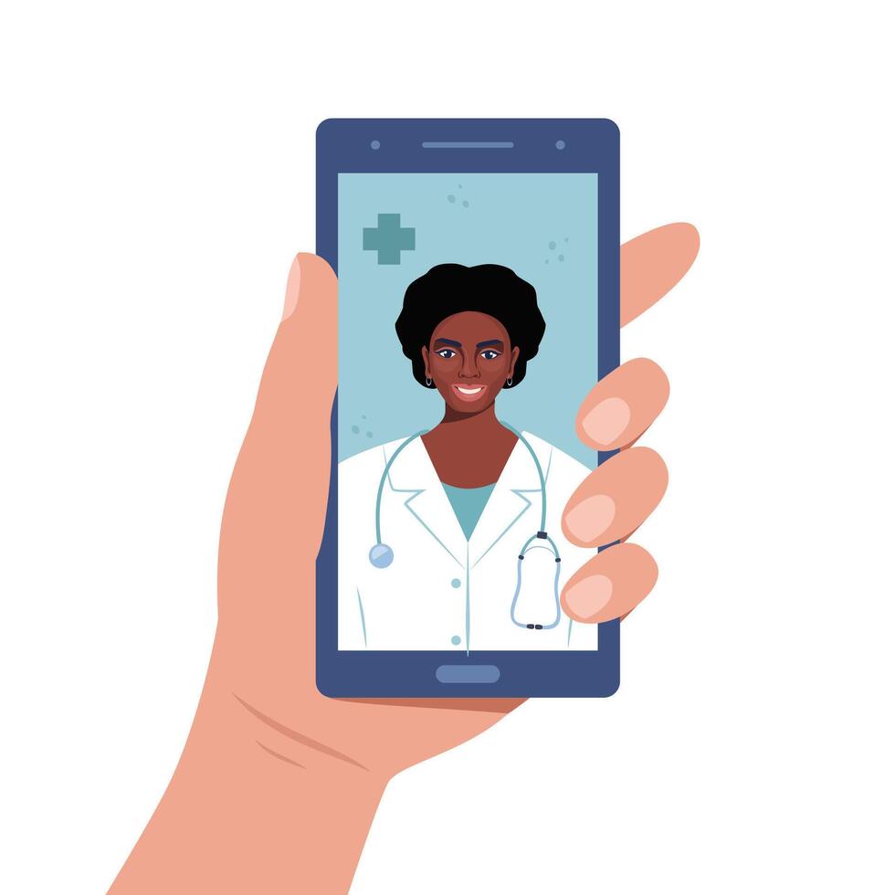 Doctor on smartphone video call vector
