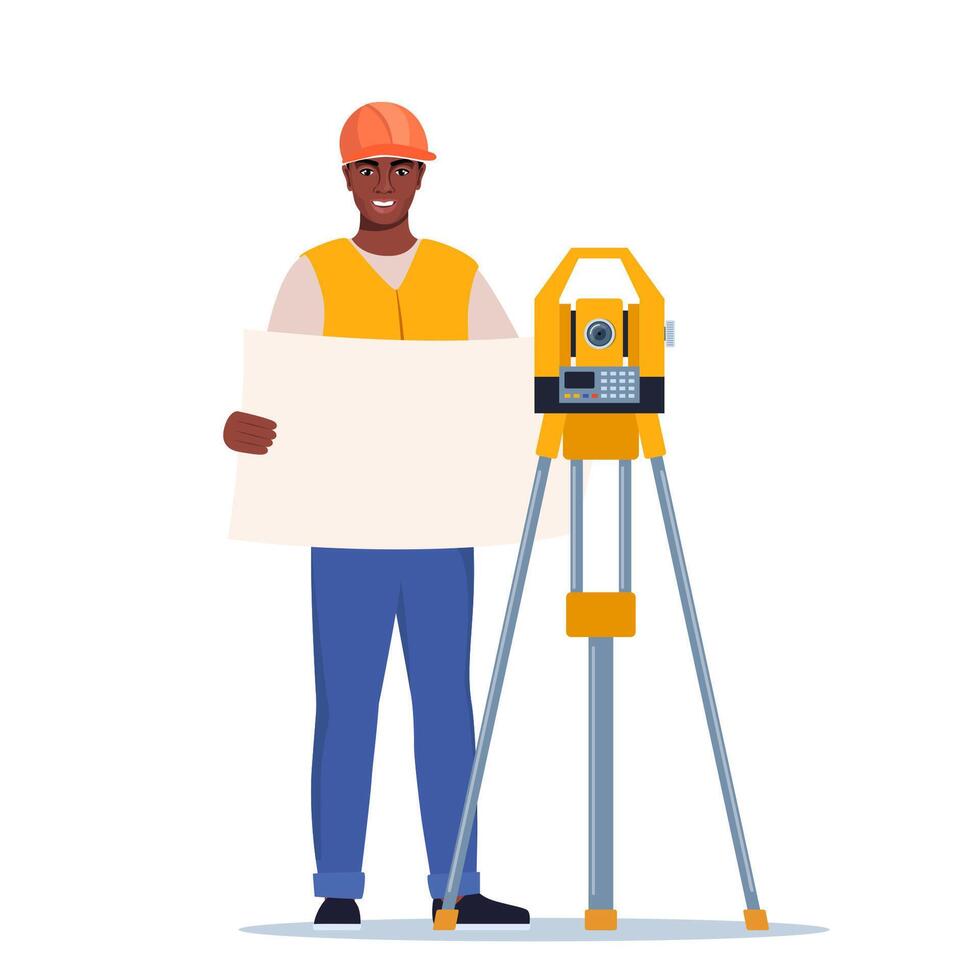 Surveyor with equipment holding plans vector